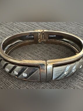 Vintage Silver-Tone Hinged Bracelet with Crystal Accents